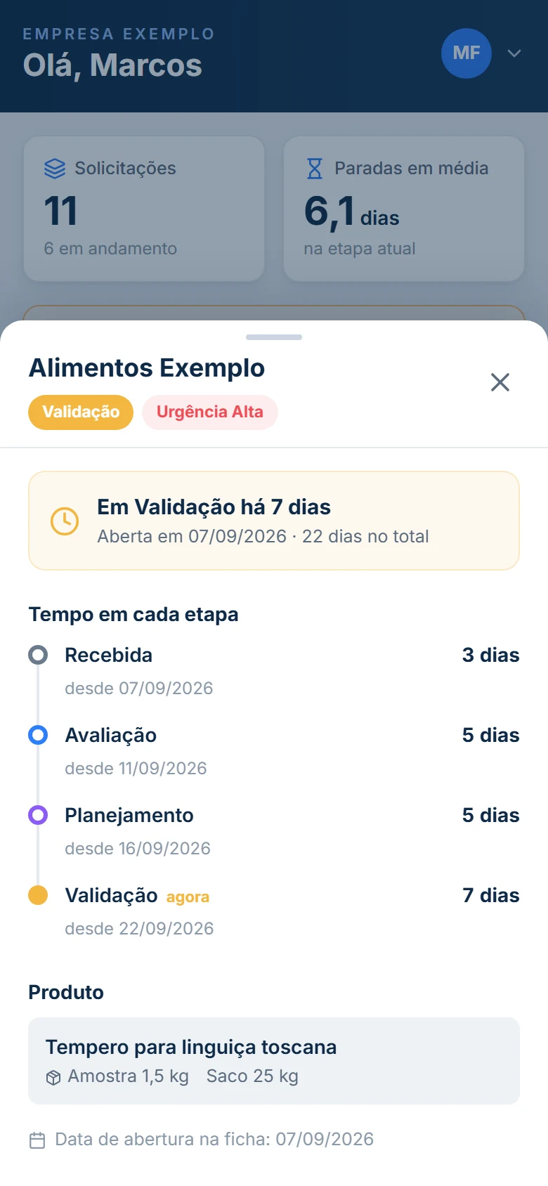 Detalhe da solicitação no celular com o tempo em cada etapa