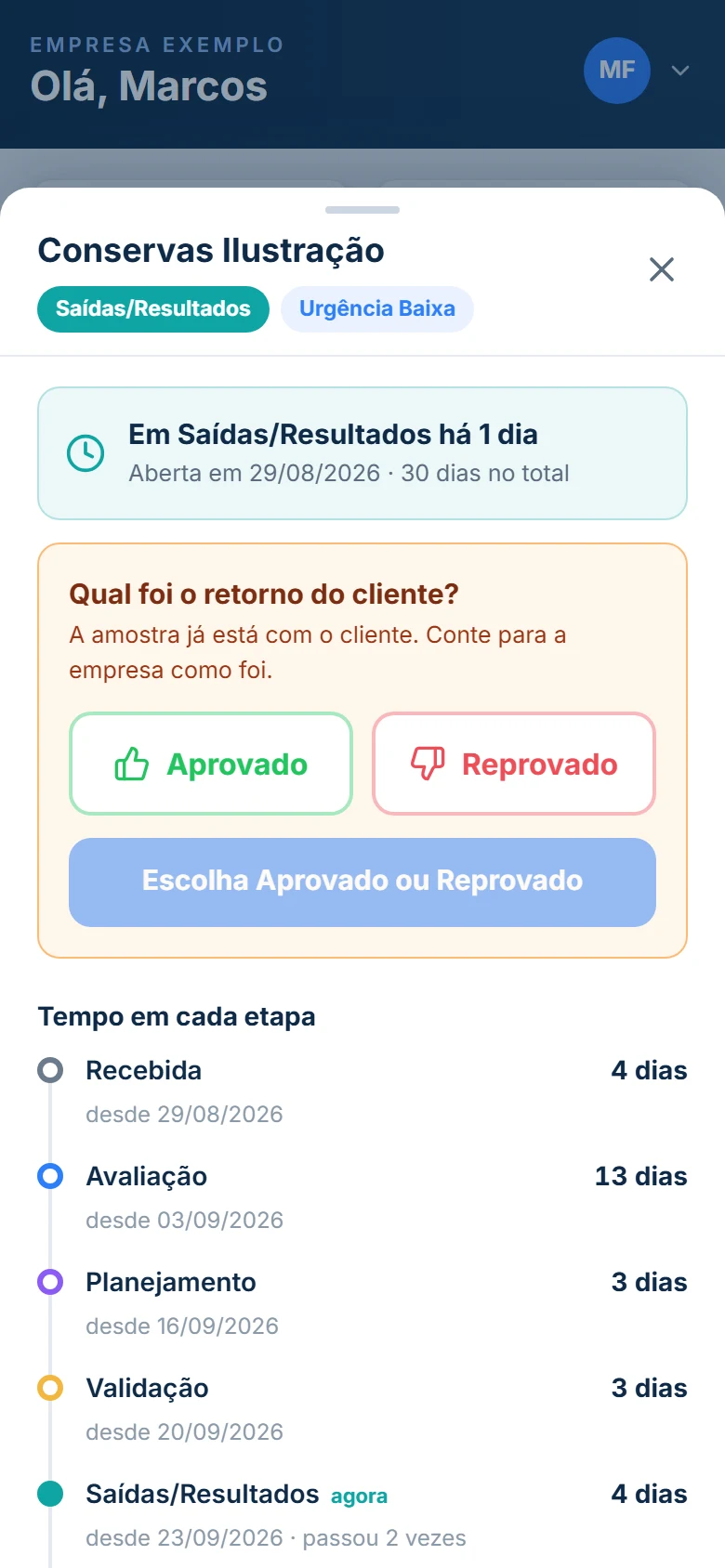 Tela do vendedor no celular com os botões Aprovado e Reprovado e o campo de feedback